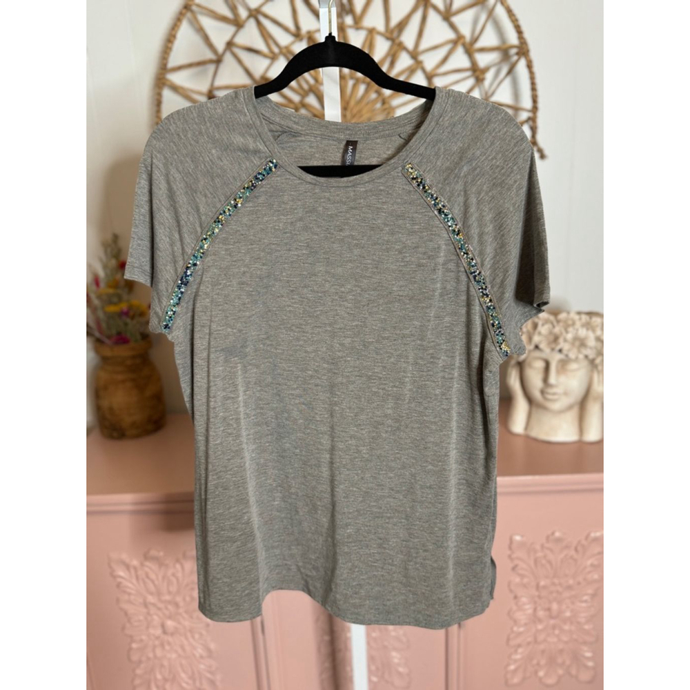 Women's Massini Gray Beaded‎ Shoulder T-Shirt - Size M